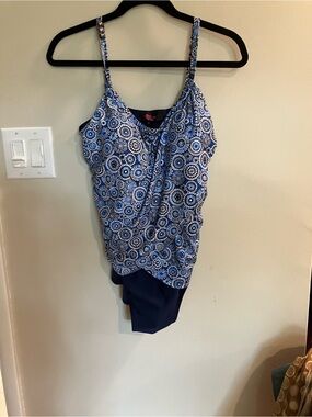 2x Navy& White Pattern One-Piece Swimsuit - ACX nautical beaded straps flatterin